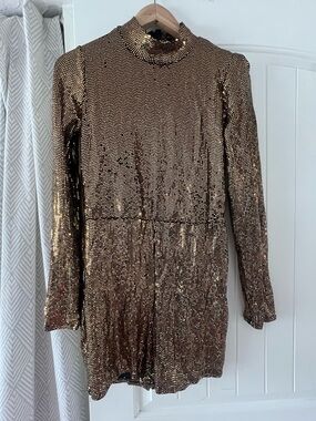 Gold Sequin Long Sleeve Mini Romper Festival Burning Man Sparkle 80’s Large